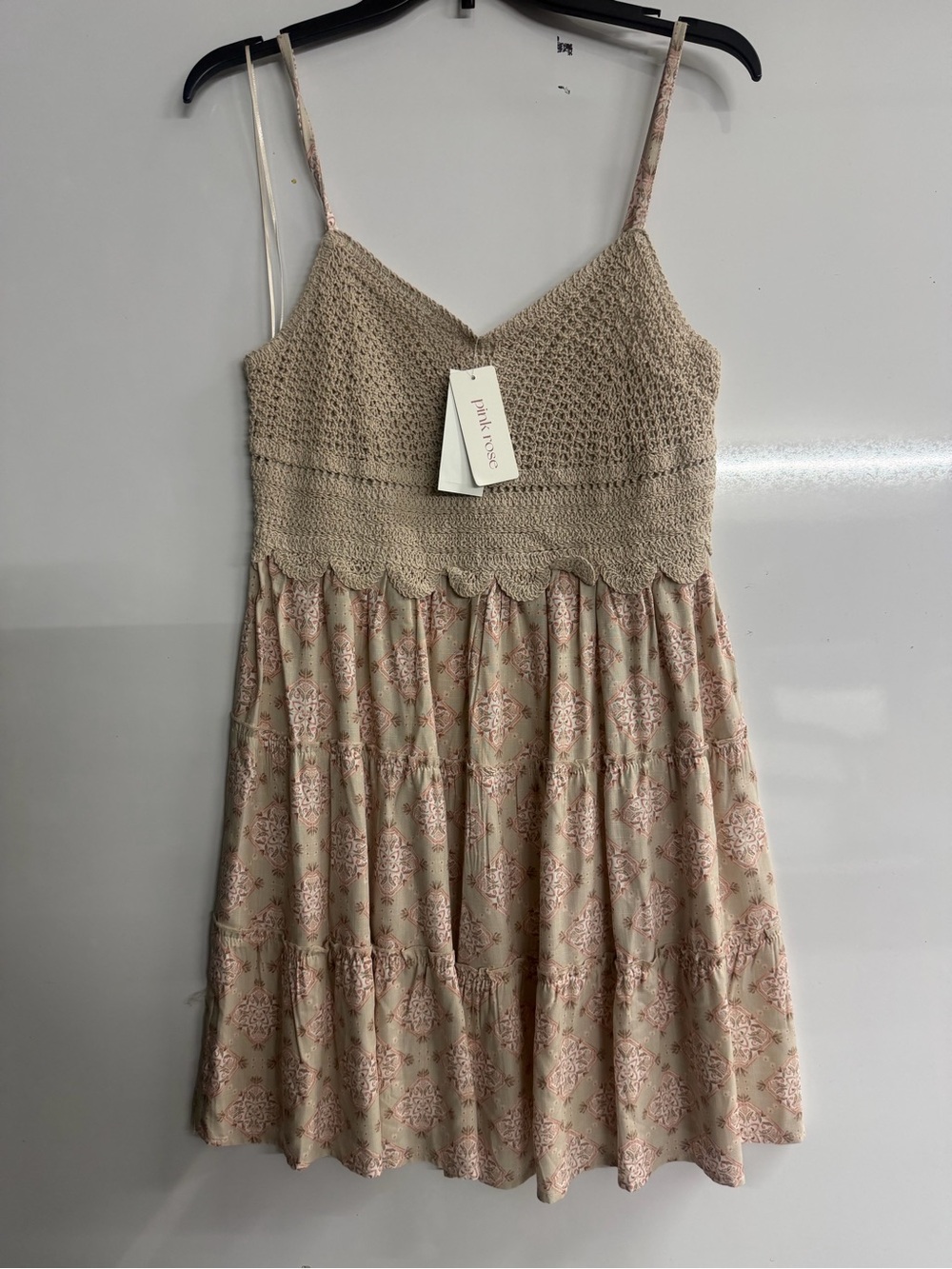 Pink Rose Beige Crochet Bodice Pink Floral Tiered Mini Dress